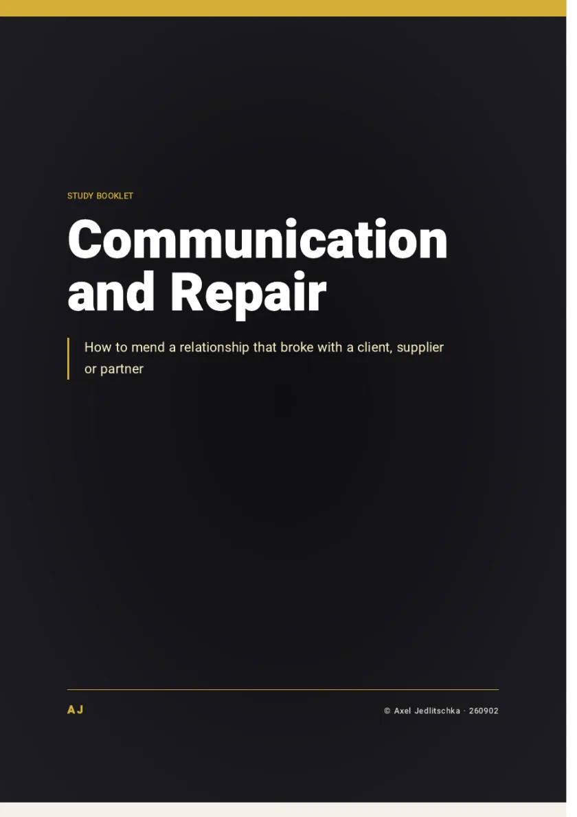 The cover of the booklet: Communication and Repair. How to mend a relationship that broke with a client, supplier or partner