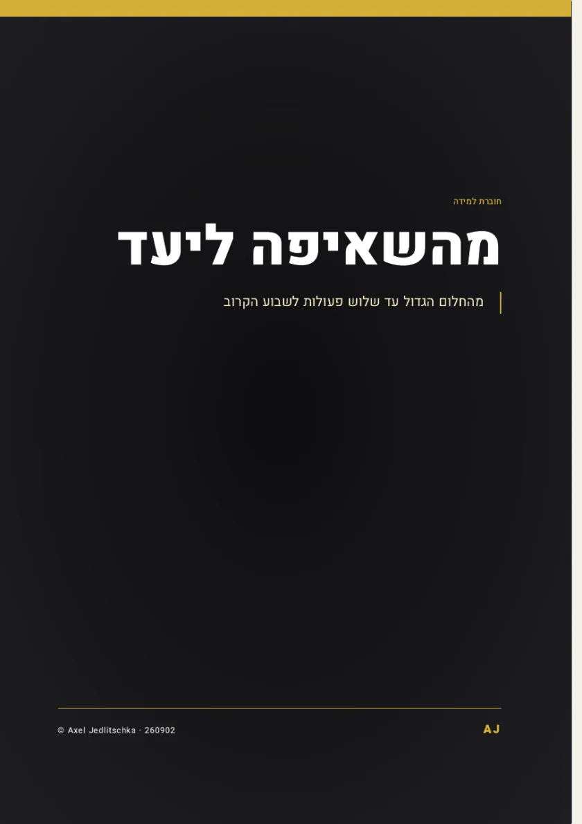 עמוד השער של החוברת: מהשאיפה ליעד. מהחלום הגדול עד שלוש פעולות לשבוע הקרוב