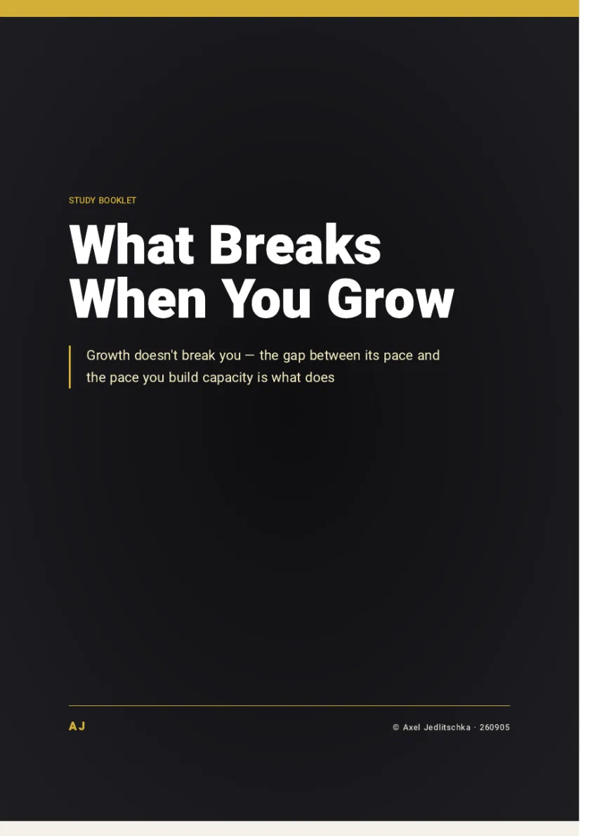 The cover of the booklet: What Breaks When You Grow. Growth doesn’t break you, the gap between its pace and the pace you build capacity is what does