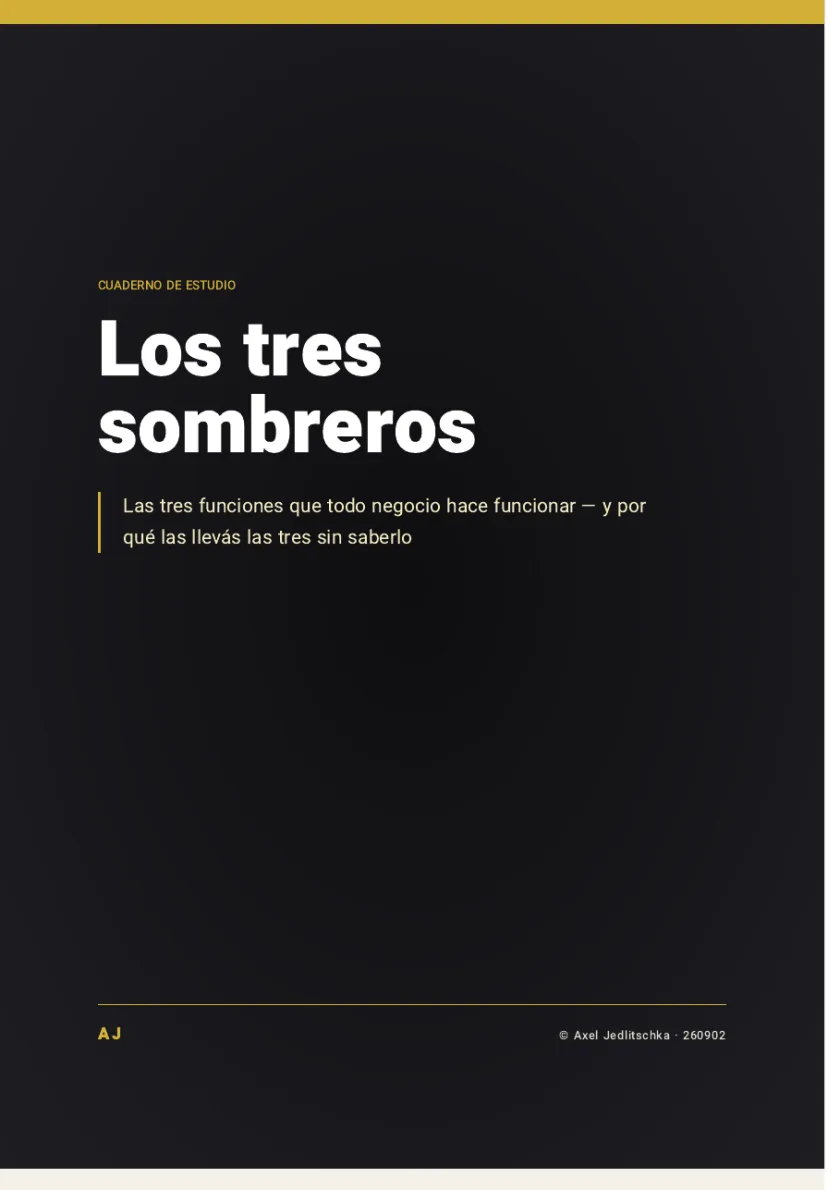La tapa del cuadernillo: Los tres sombreros. Las tres funciones que todo negocio hace funcionar, y por qué las llevás las tres sin saberlo