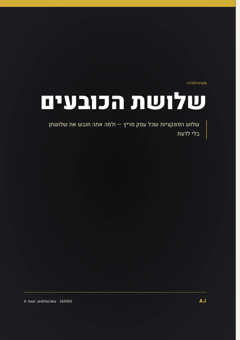 עמוד השער של החוברת: שלושת הכובעים. שלוש הפונקציות שכל עסק מריץ